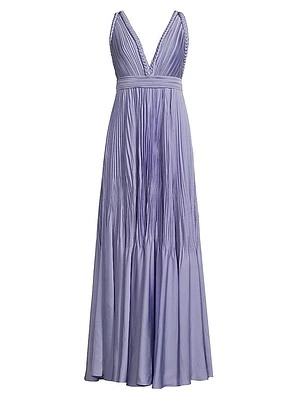 Hazel Pleated Satin V-Neck Gown