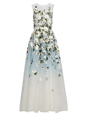Cherry Blossom Embroidered Illusion Gown