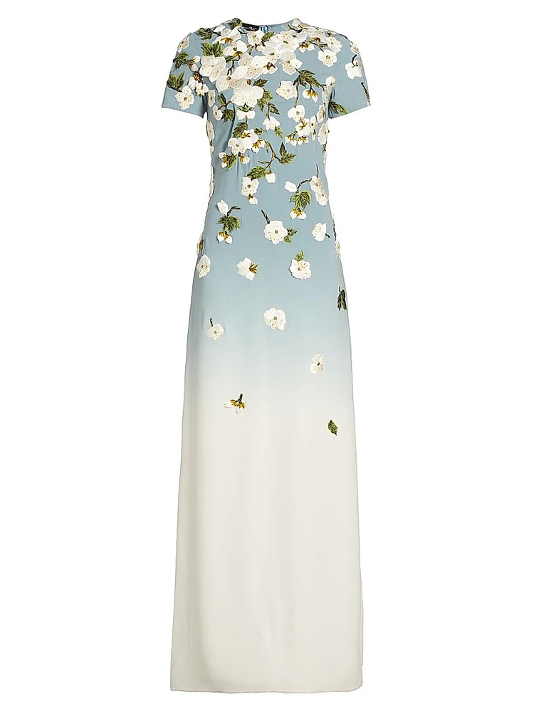 Embroidered Cherry Blossom Silk-Blend Crewneck Gown