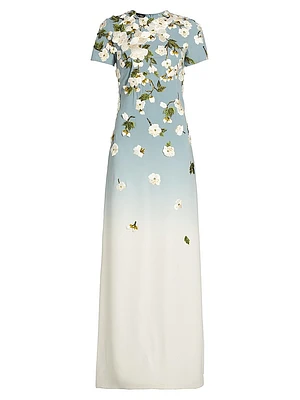 Embroidered Cherry Blossom Silk-Blend Crewneck Gown