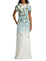 Embroidered Cherry Blossom Silk-Blend Crewneck Gown