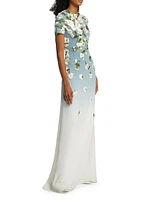 Embroidered Cherry Blossom Silk-Blend Crewneck Gown