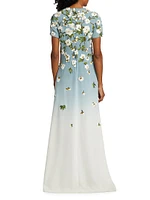 Embroidered Cherry Blossom Silk-Blend Crewneck Gown