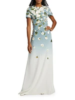 Embroidered Cherry Blossom Silk-Blend Crewneck Gown