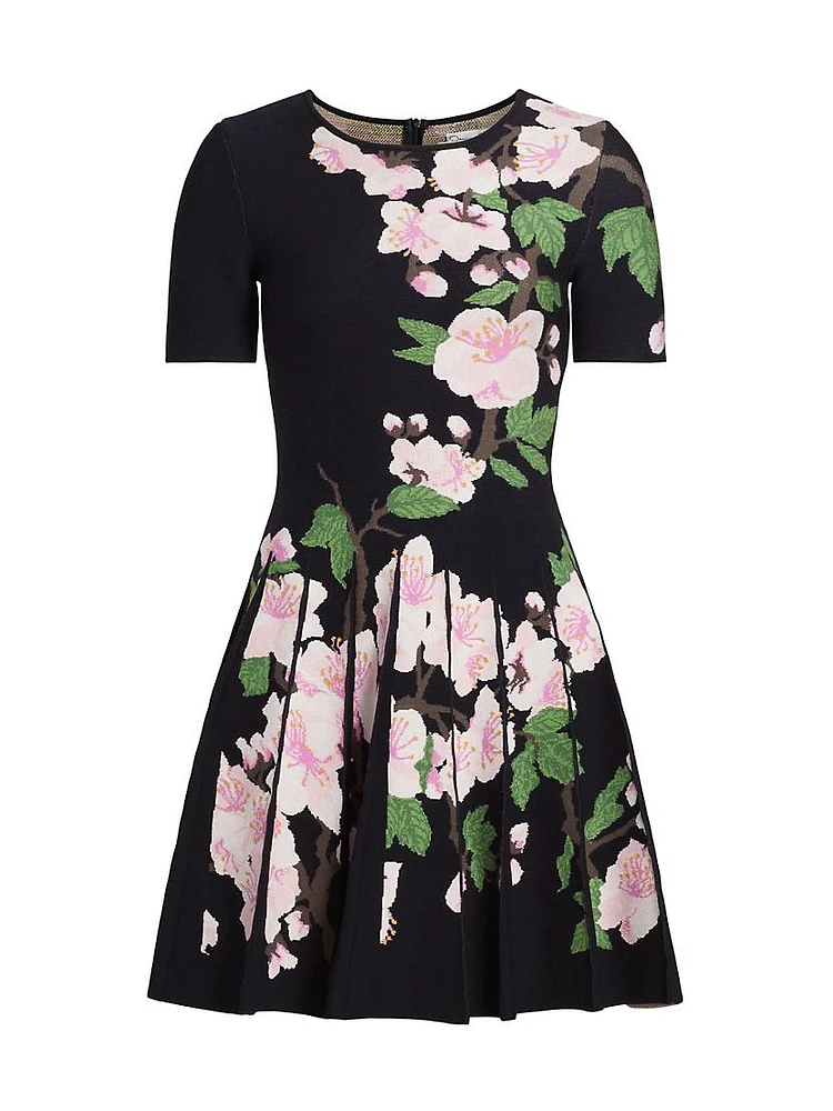 Cherry Blossom Jacquard-Knit Pleated Minidress