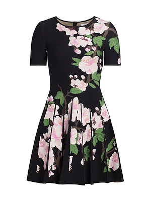 Cherry Blossom Jacquard-Knit Pleated Minidress