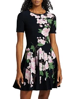 Cherry Blossom Jacquard-Knit Pleated Minidress