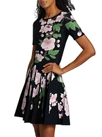 Cherry Blossom Jacquard-Knit Pleated Minidress