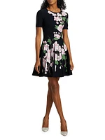 Cherry Blossom Jacquard-Knit Pleated Minidress