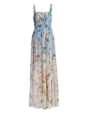 Ombré Cherry Blossom Pleated Chiffon Gown