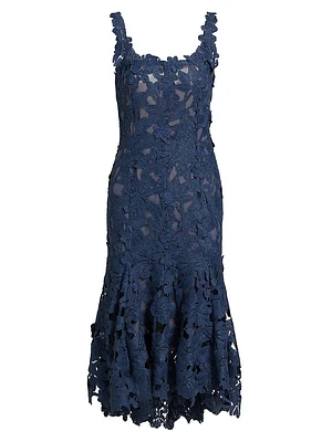 Floral Guipure-Lace Scoopneck Midi-Dress