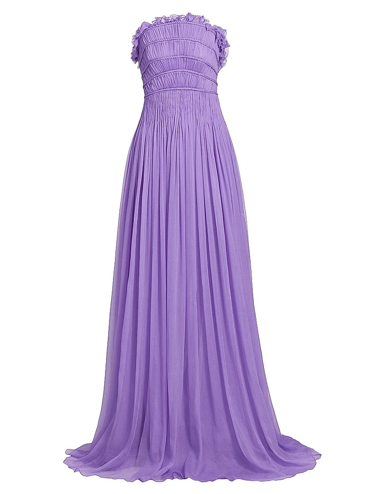 Pleated Crinkle Chiffon Strapless Gown