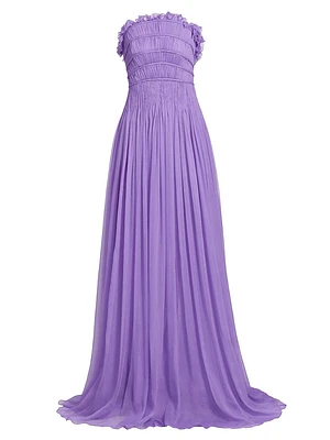 Pleated Crinkle Chiffon Strapless Gown