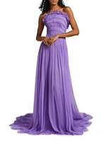 Pleated Crinkle Chiffon Strapless Gown