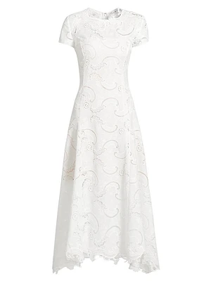 Scroll Guipure-Lace High-Low Midi-Dress