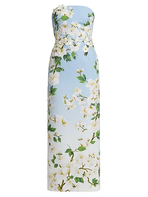 Embroidered Ombré Cherry Blossom Strapless Gown