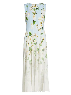Cherry Blossom Ombré Pleated Midi-Dress