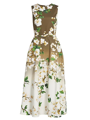 Cherry Blossom Ombré Stretch-Cotton Midi-Dress