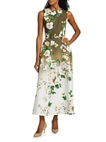 Cherry Blossom Ombré Stretch-Cotton Midi-Dress