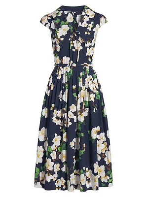 Cherry Blossom Stretch-Cotton Belted Midi-Dress