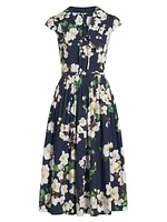 Cherry Blossom Stretch-Cotton Belted Midi-Dress
