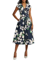 Cherry Blossom Stretch-Cotton Belted Midi-Dress