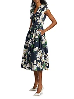 Cherry Blossom Stretch-Cotton Belted Midi-Dress