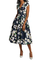 Cherry Blossom Stretch-Cotton Belted Midi-Dress