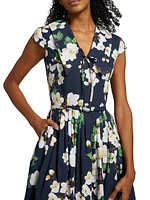 Cherry Blossom Stretch-Cotton Belted Midi-Dress