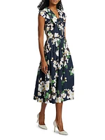 Cherry Blossom Stretch-Cotton Belted Midi-Dress