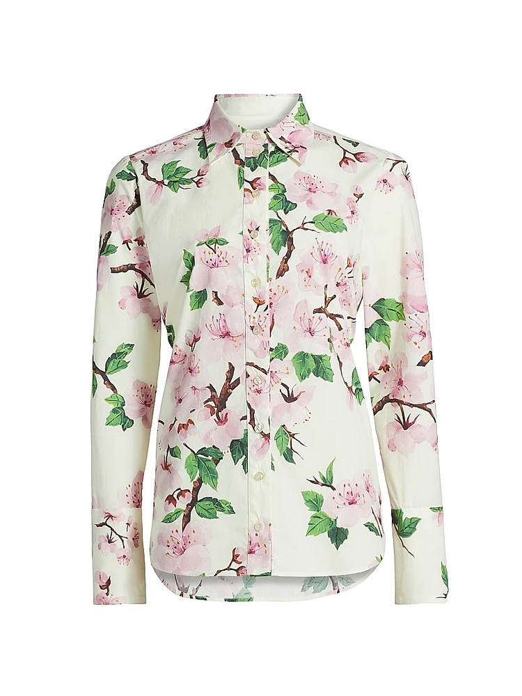 Cherry Blossom Stretch-Cotton Button-Front Blouse