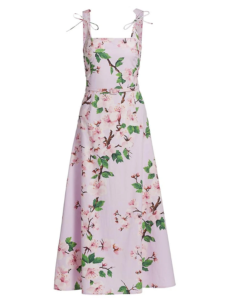 Cherry Blossom Bow Stretch-Cotton Belted Midi-Dress
