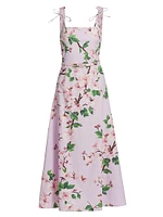 Cherry Blossom Bow Stretch-Cotton Belted Midi-Dress