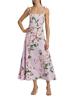 Cherry Blossom Bow Stretch-Cotton Belted Midi-Dress