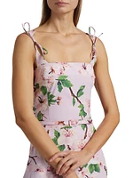 Cherry Blossom Bow Stretch-Cotton Belted Midi-Dress