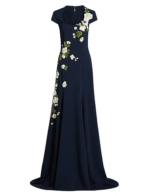 Embroidered Cherry Blossom Cap-Sleeve Gown