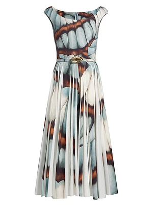 Butterfly Poplin Belted Fit & Flare Midi-Dress
