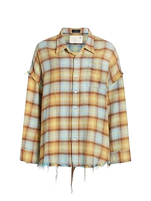 Distressed Plaid Cotton Button-Down Shirt