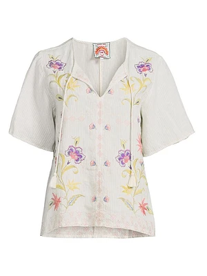 Calista Floral-Embroidered Linen Blouse