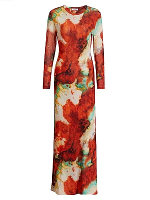 Scarlet Printed Long-Sleeve Mesh Maxi Dress