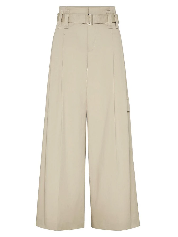 Stretch Cotton Gabardine Pleated A-Line Trousers