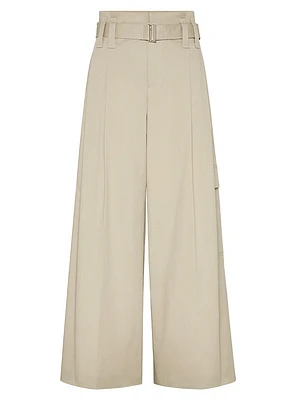 Stretch Cotton Gabardine Pleated A-Line Trousers