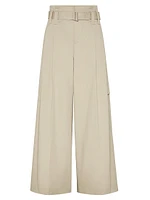 Stretch Cotton Gabardine Pleated A-Line Trousers
