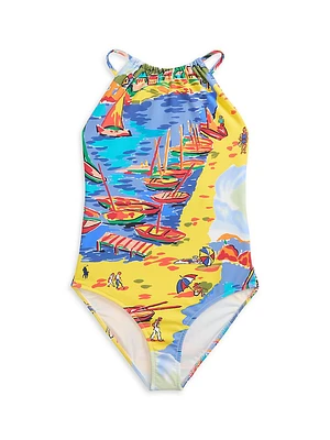Girl's Seaside-Print One-Piece Swimsuit