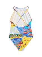 Girl's Seaside-Print One-Piece Swimsuit