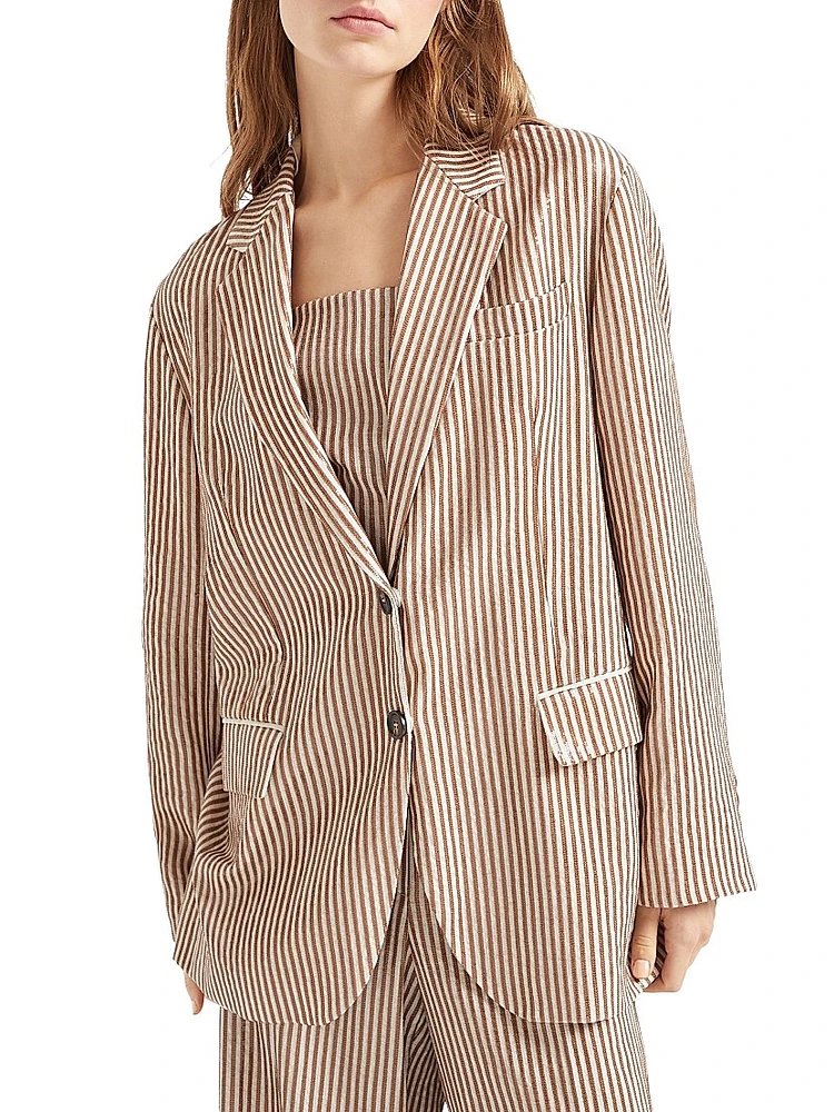 Linen Blazer with Dazzling Stripe Embroidery