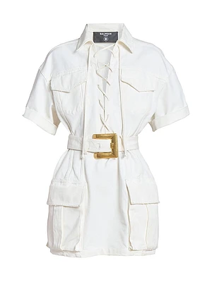 Belted Denim Short-Sleeve Minidress