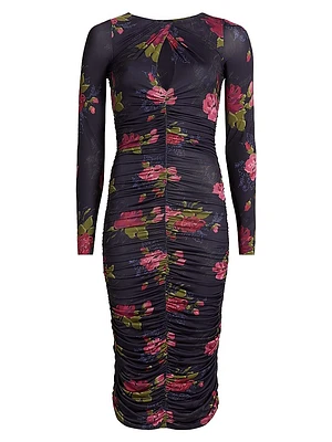 Floral Twist Neck Ruched Midi-Dress