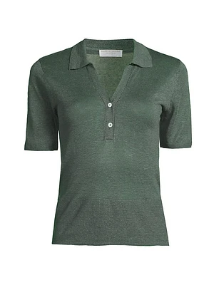 Linen Knit V-Neck Polo Sweater