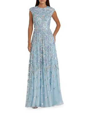 Evening Sequined Cap-Sleeve A-Line Gown